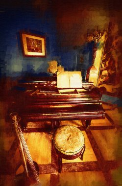 Beyaz klasik odada siyah kuyruklu piyano, iç mekan, eski, ortaçağ tarihi sanat illüstrasyonu antika eskiz