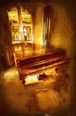 Beyaz klasik odada siyah kuyruklu piyano, iç mekan, eski, ortaçağ tarihi sanat illüstrasyonu antika eskiz