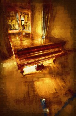 Beyaz klasik odada siyah kuyruklu piyano, iç mekan, eski, ortaçağ tarihi sanat illüstrasyonu antika eskiz