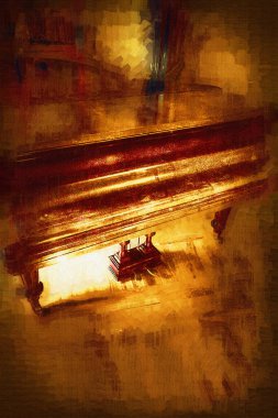 Beyaz klasik odada siyah kuyruklu piyano, iç mekan, eski, ortaçağ tarihi sanat illüstrasyonu antika eskiz