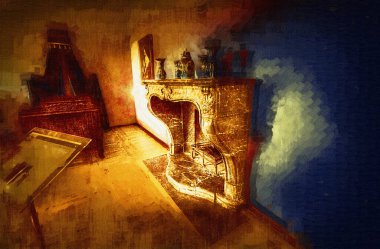 Şatafatlı iç tasarım oturma odası ve şömine güzel bir saray, iç mekan, eski, ortaçağ tarihi sanat illüstrasyonu antika eskiz.