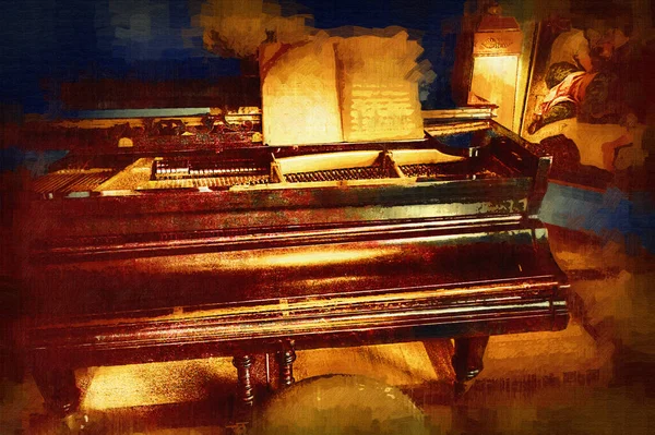 Piano Queue Noir Dans Chambre Classique Blanche Intérieur Vieux Médiéval — Photo