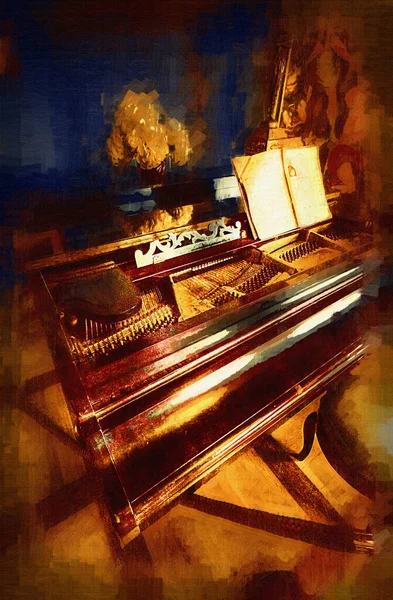 Pianoforte Coda Nero Camera Bianca Classico Interno Vecchio Medievale Vecchia — Foto Stock