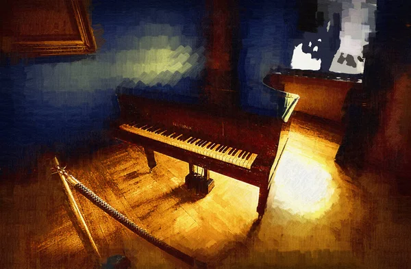 Black Grand Piano White Classic Room Interior Old Mediaeval Old — Stock Photo, Image