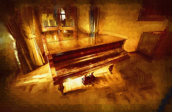 Μαύρο Μεγάλο Πιάνο Λευκό Κλασικό Δωμάτιο Εσωτερικό Παλιά Μεσαιωνική Παλιά — Φωτογραφία Αρχείου