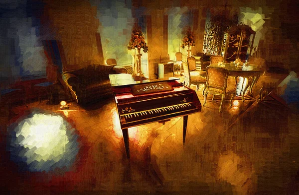 Black Grand Piano White Classic Room Interior Old Mediaeval Old — Stock Photo, Image