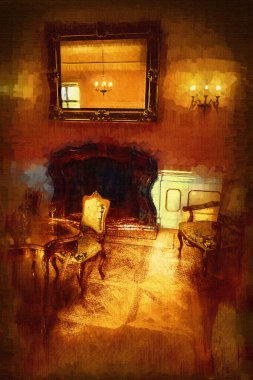 Şatafatlı iç tasarım oturma odası ve şömine güzel bir saray, iç mekan, eski, ortaçağ tarihi sanat illüstrasyonu antika eskiz.