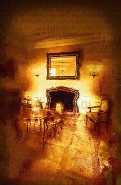 Şatafatlı iç tasarım oturma odası ve şömine güzel bir saray, iç mekan, eski, ortaçağ tarihi sanat illüstrasyonu antika eskiz.