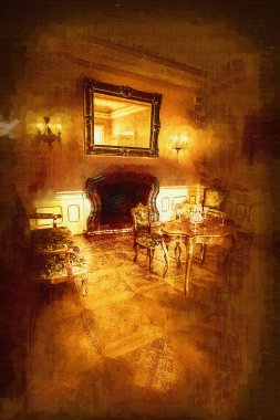 Şatafatlı iç tasarım oturma odası ve şömine güzel bir saray, iç mekan, eski, ortaçağ tarihi sanat illüstrasyonu antika eskiz.