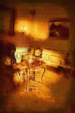 Şatafatlı iç tasarım oturma odası ve şömine güzel bir saray, iç mekan, eski, ortaçağ tarihi sanat illüstrasyonu antika eskiz.