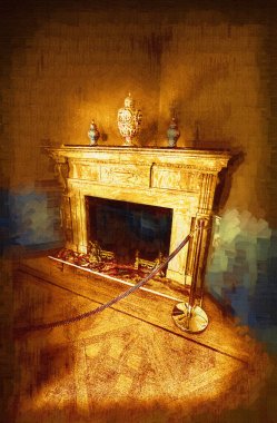 Şatafatlı iç tasarım oturma odası ve şömine güzel bir saray, iç mekan, eski, ortaçağ tarihi sanat illüstrasyonu antika eskiz.