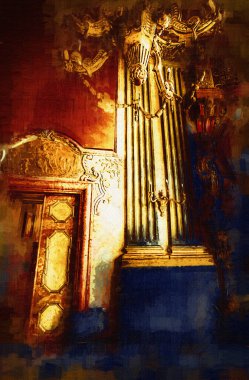 Şatafatlı iç tasarım oturma odası ve şömine güzel bir saray, iç mekan, eski, ortaçağ tarihi sanat illüstrasyonu antika eskiz.