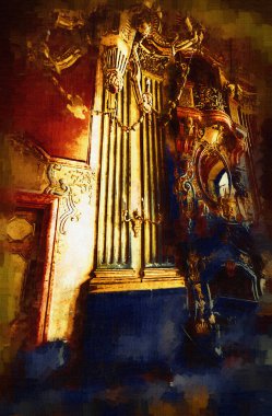 Şatafatlı iç tasarım oturma odası ve şömine güzel bir saray, iç mekan, eski, ortaçağ tarihi sanat illüstrasyonu antika eskiz.