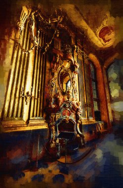 Şatafatlı iç tasarım oturma odası ve şömine güzel bir saray, iç mekan, eski, ortaçağ tarihi sanat illüstrasyonu antika eskiz.