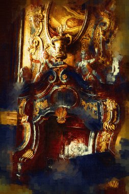 Şatafatlı iç tasarım oturma odası ve şömine güzel bir saray, iç mekan, eski, ortaçağ tarihi sanat illüstrasyonu antika eskiz.