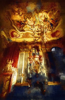 Şatafatlı iç tasarım oturma odası ve şömine güzel bir saray, iç mekan, eski, ortaçağ tarihi sanat illüstrasyonu antika eskiz.