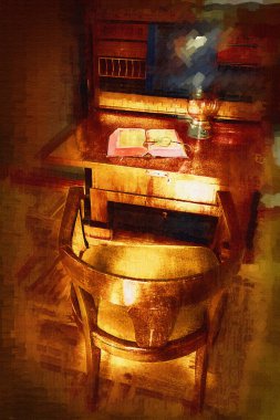 Ambiente stüdyosu, klasik büro masası, ortaçağ tarihi sanat illüstrasyonu antika eskiz.