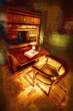 Ambiente stüdyosu, klasik büro masası, ortaçağ tarihi sanat illüstrasyonu antika eskiz.