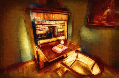 Ambiente stüdyosu, klasik büro masası, ortaçağ tarihi sanat illüstrasyonu antika eskiz.
