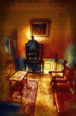 Kollu sandalyenin içi, ortaçağ tarihi sanat eserleri, antika eskizler.