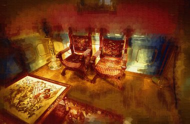 Kollu sandalyenin içi, ortaçağ tarihi sanat eserleri, antika eskizler.