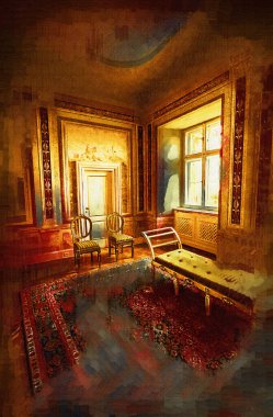 Kollu sandalyenin içi, ortaçağ tarihi sanat eserleri, antika eskizler.