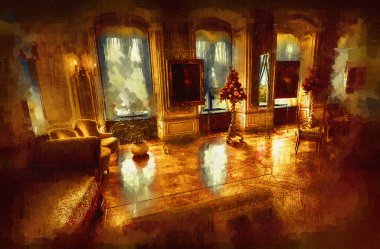 İç kısımda antika bir kanepe, eski bir çizim.