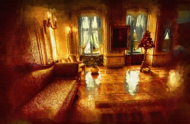 İç kısımda antika bir kanepe, eski bir çizim.