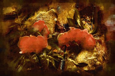 Orkide, orkide çiçeği, yeşil yapraklar, illüstrasyon, çizim, eskiz, antika, retro, vintage