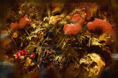 Orkide, orkide çiçeği, yeşil yapraklar, illüstrasyon, çizim, eskiz, antika, retro, vintage