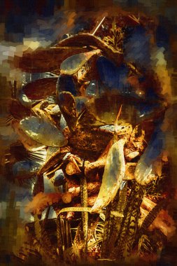 Hint ormanındaki kaktüs bitkisi, yabani kaktüs bitkisi Opuntia monacantha bitkisi, illüstrasyon, çizim, eskiz, antika, antika, antika