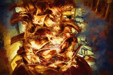 Kraliçe Sago Cycas Palmiye Ağacı 'nın yakın plan resmi, çizimi, eskizi, antika, retro, vintage.