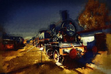 Buharlı lokomotif çölde, sanat, illüstrasyon, çizim, eskiz, antika, antika, antika.