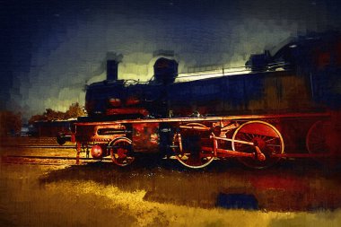 Buharlı lokomotif çölde, sanat, illüstrasyon, çizim, eskiz, antika, antika, antika.