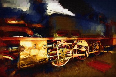 Buharlı lokomotif çölde, sanat, illüstrasyon, çizim, eskiz, antika, antika, antika.