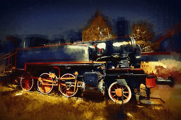 Locomotiva Vapor Atravessa Deserto Arte Ilustração Puxando Esboço Antiguidade Retro — Fotografia de Stock