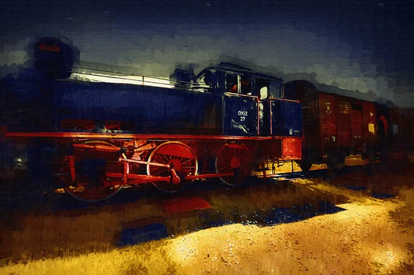 Locomotiva Vapor Atravessa Deserto Arte Ilustração Puxando Esboço Antiguidade Retro — Fotografia de Stock