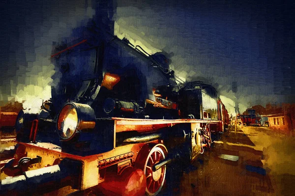 Locomotiva Vapor Atravessa Deserto Arte Ilustração Puxando Esboço Antiguidade Retro — Fotografia de Stock