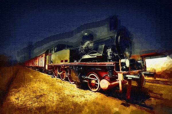 Locomotiva Vapor Atravessa Deserto Arte Ilustração Puxando Esboço Antiguidade Retro — Fotografia de Stock