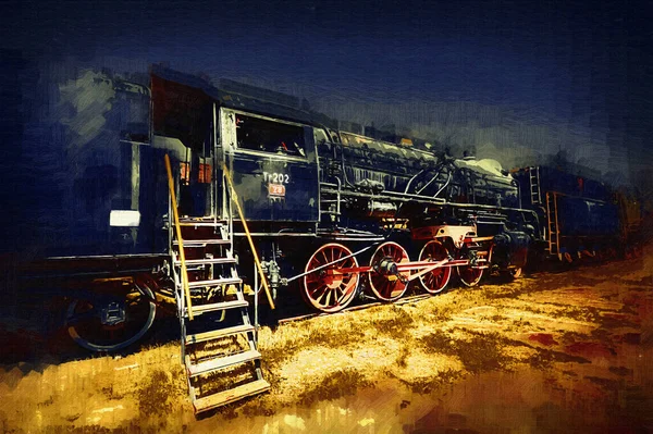 Locomotiva Vapor Atravessa Deserto Arte Ilustração Puxando Esboço Antiguidade Retro — Fotografia de Stock