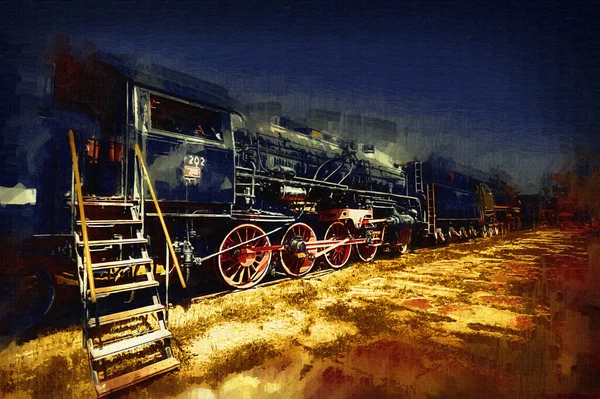 Locomotiva Vapor Atravessa Deserto Arte Ilustração Puxando Esboço Antiguidade Retro — Fotografia de Stock