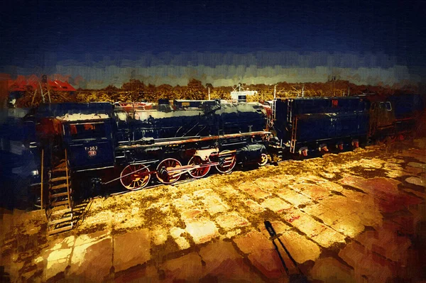 Паровоз Крізь Пустелю Мистецтво Ілюстрація Малюнок Ескіз Антикваріат Ретро Вінтаж — стокове фото