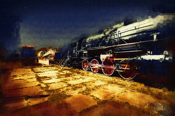 Locomotiva Vapor Atravessa Deserto Arte Ilustração Puxando Esboço Antiguidade Retro — Fotografia de Stock