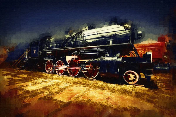 Steam Locomotive Drives Desert Art Illustration Drawing Sketch Antique Retro — Stock Photo, Image