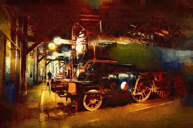 Buharlı lokomotif çölde, sanat, illüstrasyon, çizim, eskiz, antika, antika, antika.