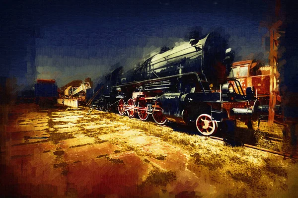 Locomotiva Vapor Atravessa Deserto Arte Ilustração Puxando Esboço Antiguidade Retro — Fotografia de Stock