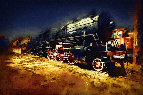 Parní Lokomotiva Projíždí Pouští Uměním Ilustrací Kresbou Náčrtem Starožitností Retro — Stock fotografie