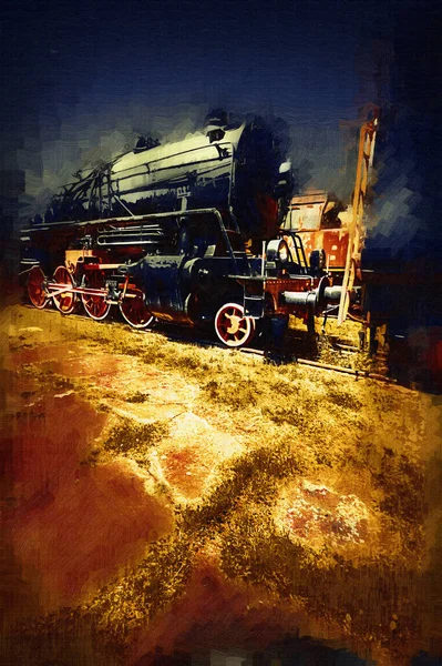 Locomotiva Vapor Atravessa Deserto Arte Ilustração Puxando Esboço Antiguidade Retro — Fotografia de Stock