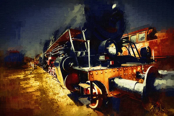 Locomotiva Vapor Atravessa Deserto Arte Ilustração Puxando Esboço Antiguidade Retro — Fotografia de Stock