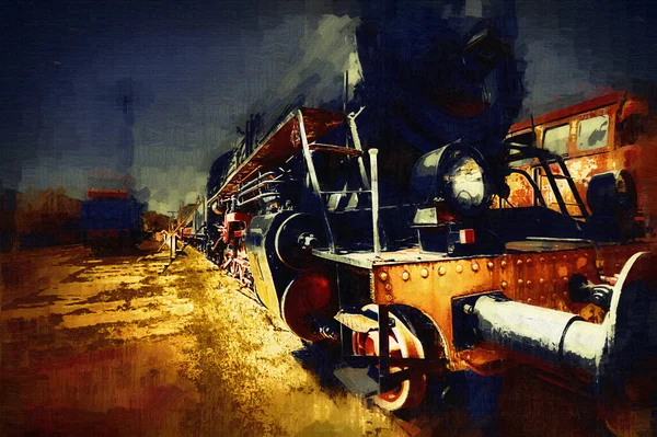 Steam Locomotive Drives Desert Art Illustration Drawing Sketch Antique Retro — Stock Photo, Image